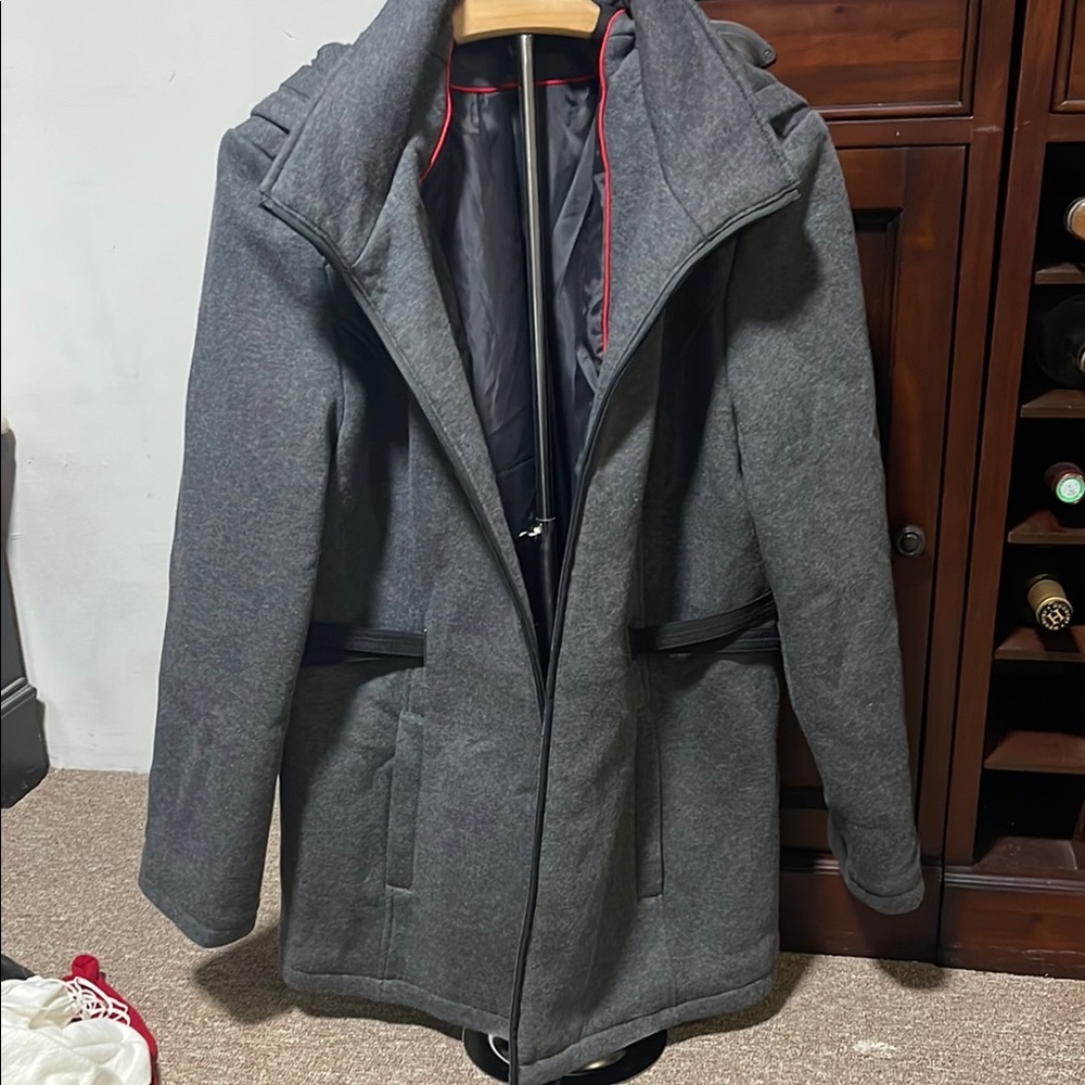 Jones New York Gray Pea Coat with Notched Lapel and Hood